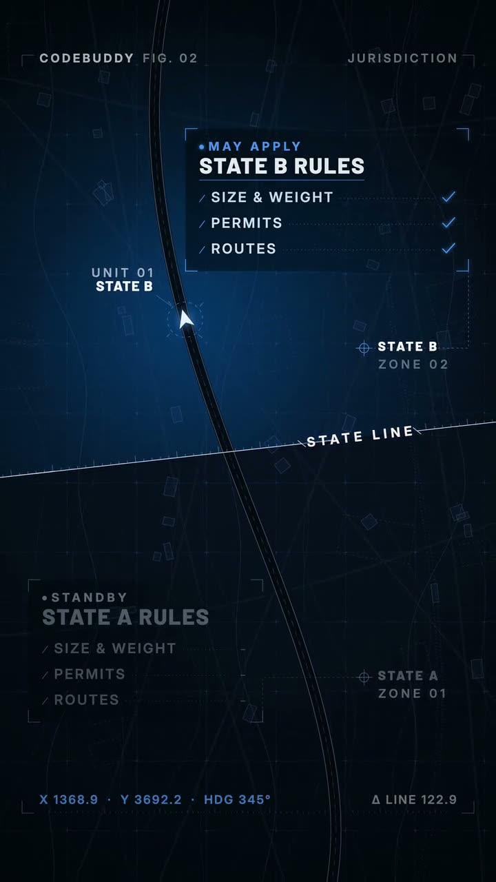 A truck crosses a state line. State A rules go to standby and the State B rules that may apply light up: size and weight, permits, routes.